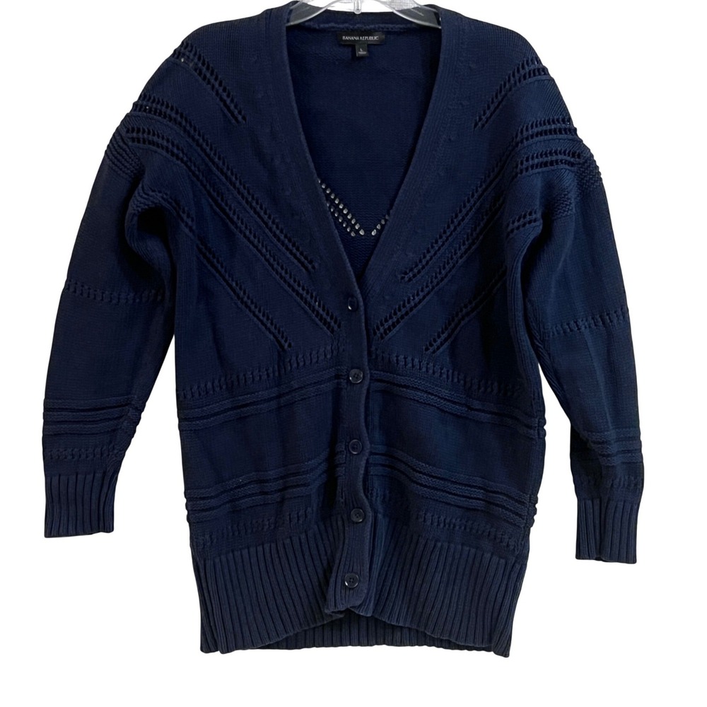 Banana Republic Navy Blue Button Front V Neck Cardigan Sweater Knit Large